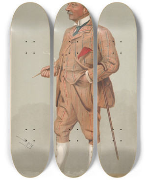 Triptych art skateboard deck of Leslie Matthew Ward Turf Devotees Peter Sir Peter Carlaw Walker June 8 1905 by Leslie Matthew Ward (1851-1922)