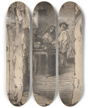 Triptych art skateboard deck of James Abbott Mcneill Whistler Little Rag Gatherers by James Abbott Mcneill Whistler (1834-1903)