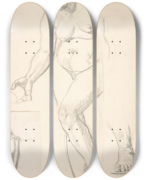 Triptych art skateboard deck of Henri Lehmann Standing Nude Female Figure by Henri Lehmann (1814-1882)