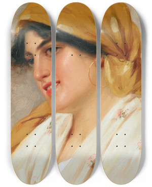 Triptych art skateboard deck of Eugen Von Blaas A Girl With A Yellow Headscarf by Eugen Von Blaas (1843-1931)