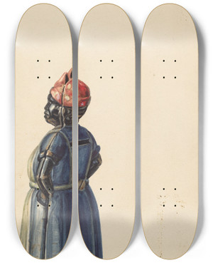 Triptych art skateboard deck of Hans Mangelsdorf Cast Iron Coin Bank by Hans Mangelsdorf