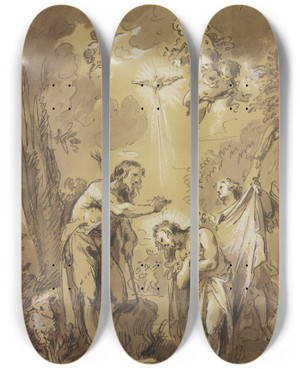 Triptych art skateboard deck of Jacob De Wit The Baptism Of Christ by Jacob de Wit (1695-1754)