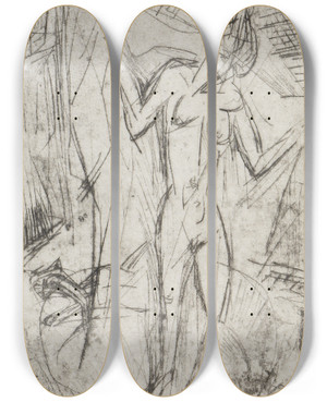 Triptych art skateboard deck of Ernst Ludwig Kirchner Der Tanz Zwischen Den Frauenbadende Mit Katze by Ernst Ludwig Kirchner (1880-1938)
