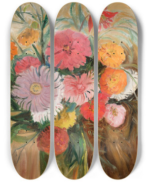 Triptych art skateboard deck of Tadeusz Makowski Zinnias And Asters In A Glass Jar by Tadeusz Makowski (1882-1932)
