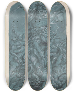 Triptych art skateboard deck of Franz Ludwig Hermann The Archangel Michael Banishing Vice by Franz Ludwig Hermann (1710-1791)