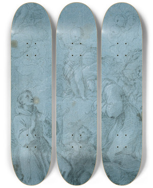 Triptych art skateboard deck of Giovanni Agostino Ratti Saint Peter Of Alcantara And Saint Anthony Of Padua Worship The Christ Child by Giovanni Agostino Ratti (1699-1755)