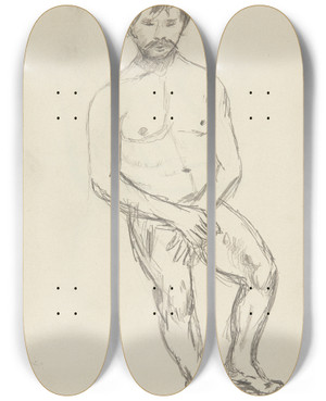 Triptych art skateboard deck of Adolf Sternschuss Akt Siedzcego Mczyzny Zakrywajcego Domi Przyrodzenie by Adolf Sternschuss (1873-1915)
