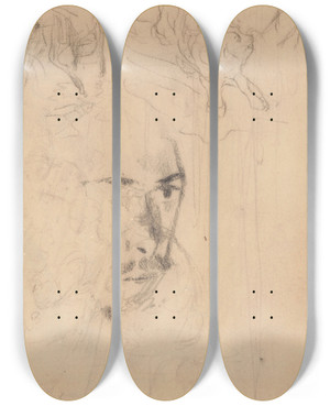 Triptych art skateboard deck of James Ensor Self Portrait Below A Lion Hunt by James Ensor (1860-1949)