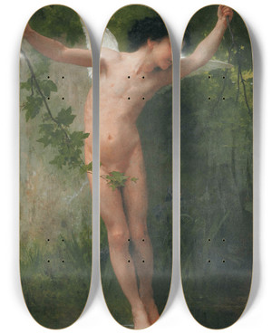 Triptych art skateboard deck of William Bouguereau Cupid Flying Over Water by William Bouguereau (1825-1905)
