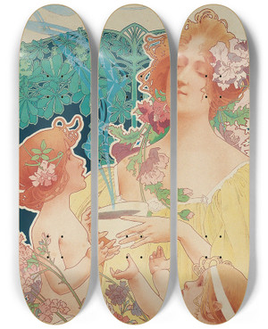 Triptych art skateboard deck of Henri Privatlivemont Tropon Chocolatcacao by Henri Privat-Livemont (1861-1936)