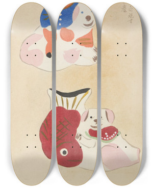 Triptych art skateboard deck of Shimizu Seif Unai No Tomo Pl 249 by Shimizu Seifu (1851-1913)