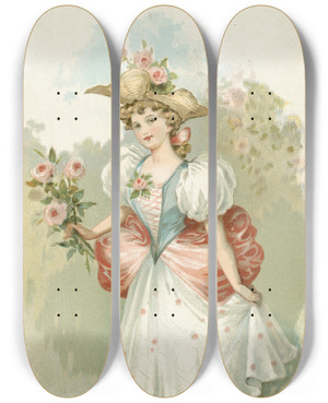 Triptych art skateboard deck of Louis Prang Girl With Pink Roses by Louis Prang (1824-1909)