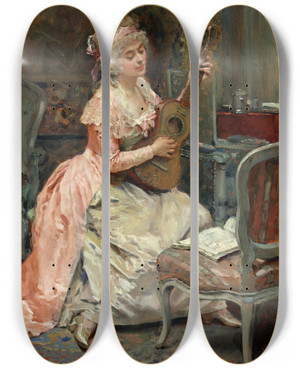 Triptych art skateboard deck of Raimundo De Madrazo Y Garreta Woman With A Guitar by Raimundo De Madrazo Y Garreta (1841-1920)