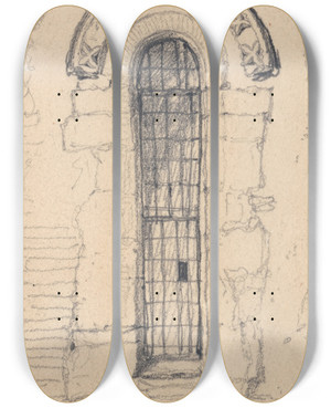 Triptych art skateboard deck of John Sell Cotman Window On The North Side Of Burnham Ulph Church Norfolk by John Sell Cotman (1782-1842)