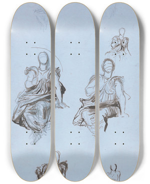 Triptych art skateboard deck of George Frederic Watts Studies Of A Seated Draped Figure With A Book by George Frederic Watts (1817-1904)