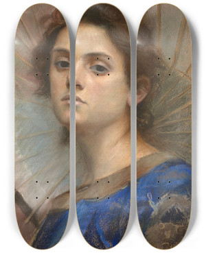 Triptych art skateboard deck of Lonie De Loghades Jeune Femme Lombrelle by Lonie De Loghades