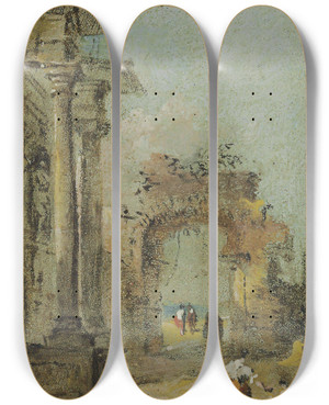 Triptych art skateboard deck of Francesco Guardi Capriccio Of Architectural Ruins And Figures by Francesco Guardi (1712-1793)
