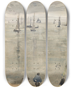 Triptych art skateboard deck of James Abbott Mcneill Whistler Violetthe Return Of The Fishing Boats by James Abbott Mcneill Whistler (1834-1903)