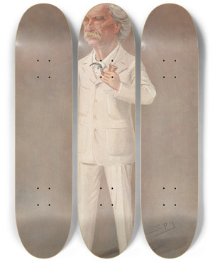 Triptych art skateboard deck of Leslie Matthew Ward Below The Mark Mark Twain by Leslie Matthew Ward (1851-1922)