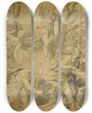 Triptych art skateboard deck of Moritz Von Schwind Diana Mit Ihren Gefhrtinnen by Moritz Von Schwind (1804-1871)