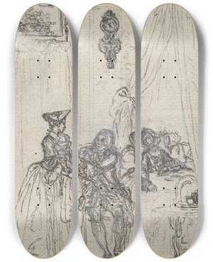 Triptych art skateboard deck of Hubertfranois Gravelot Study For A Frontispiece For Histoire De Miss Jenny_1 by Hubert-Franois Gravelot (1699-1773)
