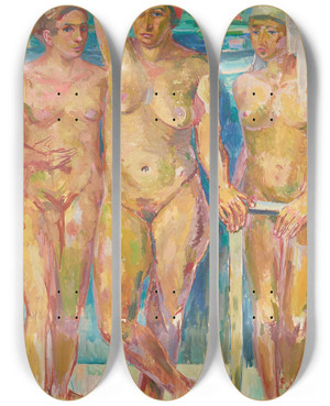 Triptych art skateboard deck of Felix Esterl Drei Akte Vor Einem See by Felix Esterl (1894-1931)