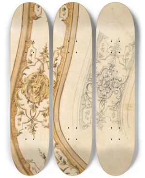 Triptych art skateboard deck of Julesedmondcharles Lachaise Design For Decorative Border by Jules-Edmond-Charles Lachaise (1897)