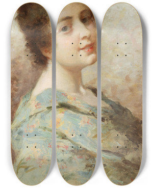Triptych art skateboard deck of Charles Landelle Portrait Of A Young Woman by Charles Landelle (1821-1908)