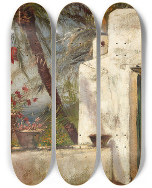 Triptych art skateboard deck of Hermione Von Preuschen Palmenterrasse Capri by Hermione Von Preuschen (1854-1918)