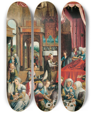 Triptych art skateboard deck of Jacob Cornelisz Van Oostsanen El Nacimiento De La Virgen Mara by Jacob Cornelisz Van Oostsanen (1470-1533)