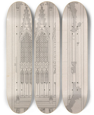 Triptych art skateboard deck of Robert William Billings Elevation Section And Plan Of One Compartment Of Three Of The Screen St Stephens Chapel Westminster by Robert William Billings (1812-1874)