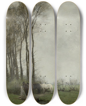 Triptych art skateboard deck of Anton Mauve Paarden Bij Het Hek by Anton Mauve (1838-1888)