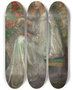 Triptych art skateboard deck of Alice Pike Barney Young Woman With Roses by Alice Pike Barney (1857-1931)