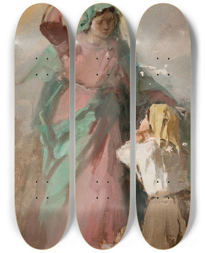 Triptych art skateboard deck of Kazimierz Alchimowicz Virgin Mary Appearing Before A Peasant Woman Study by Kazimierz Alchimowicz (1840-1916)