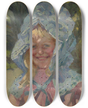 Triptych art skateboard deck of Girolamo Nerli Girl In Sunbonnet_1 by Girolamo Nerli (1860-1926)