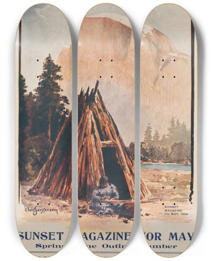 Triptych art skateboard deck of Chris Jorgensen Sunset Magazine For May by Chris Jorgensen (1860-1935)