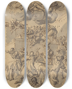 Triptych art skateboard deck of Joseph Ignace Franois Parrocel The Stoning Of Saint Stephen by Joseph Ignace Francois Parrocel (1704-1781)