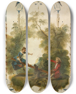 Triptych art skateboard deck of Nicolas Lancret The Seesaw_1 by Nicolas Lancret (1690-1743)