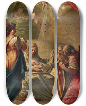 Triptych art skateboard deck of Francesc Pla Duran Birth Of The Virgin by Francesc Pla Duran (1743-1805)