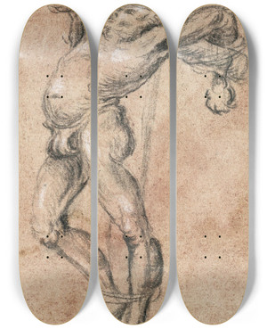 Triptych art skateboard deck of Lucas Cranach The Elder Thief On The Cross Facing Left by Lucas Cranach The Elder (1472-1553)
