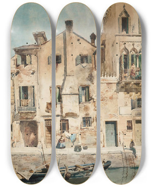 Triptych art skateboard deck of Vettore Zanettizilla A Venetian Backwater by Vettore Zanetti Zilla (1864-1945)