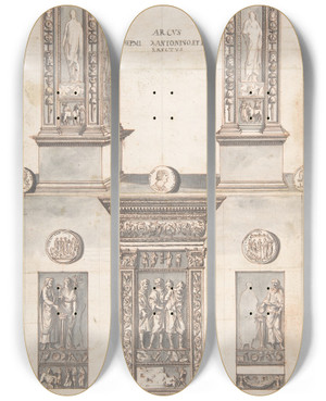 Triptych art skateboard deck of Jan Goeree Arch Of Septimius Severus Frontal Elevation Above And Side View Below by Jan Goeree (1670-1731)
