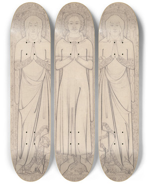 Triptych art skateboard deck of John Sell Cotman The Sepulchral Brass Of Robert Braunche And His Two Wives In Saint Margarets Church Lynn Norfolk 1364 by John Sell Cotman (1782-1842)