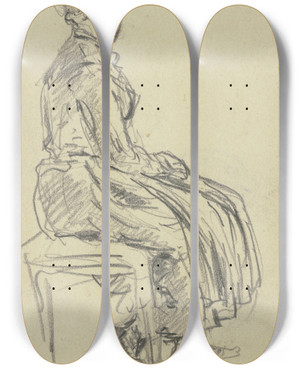 Triptych art skateboard deck of Anton Burger Sitting Peasant Girl by Anton Burger (1824-1905)