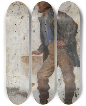 Triptych art skateboard deck of Frederik Collett Fisherman by Frederik Collett (1839-1914)