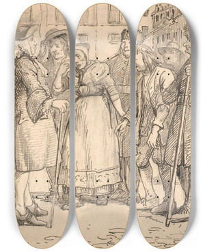 Triptych art skateboard deck of Wilhelm Marstrand Slutningsscenen Af Den Pantsatte Bondedreng by Wilhelm Marstrand (1810-1873)