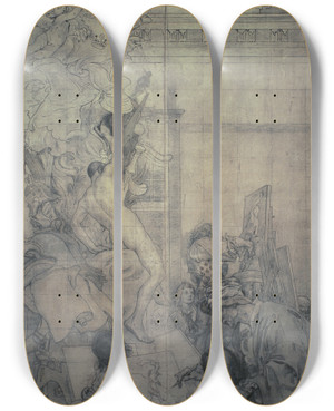 Triptych art skateboard deck of Carl Larsson The Art Academy Taravals Drawing School by Carl Larsson (1853-1919)