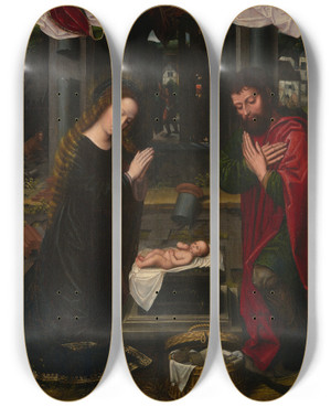 Triptych art skateboard deck of Ambrosius Benson Thenativity by Ambrosius Benson (1519-1550)