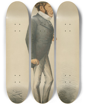 Triptych art skateboard deck of Carlo Pellegrini Politicians When Birth Cannot Lead Brains Must Lord Cairns July 31 1869 by Carlo Pellegrini (1839-1889)