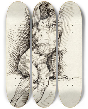 Triptych art skateboard deck of David Humbert De Superville Zittend Mannelijk Naakt Met Geheven Arm by David Humbert De Superville (1770-1849)